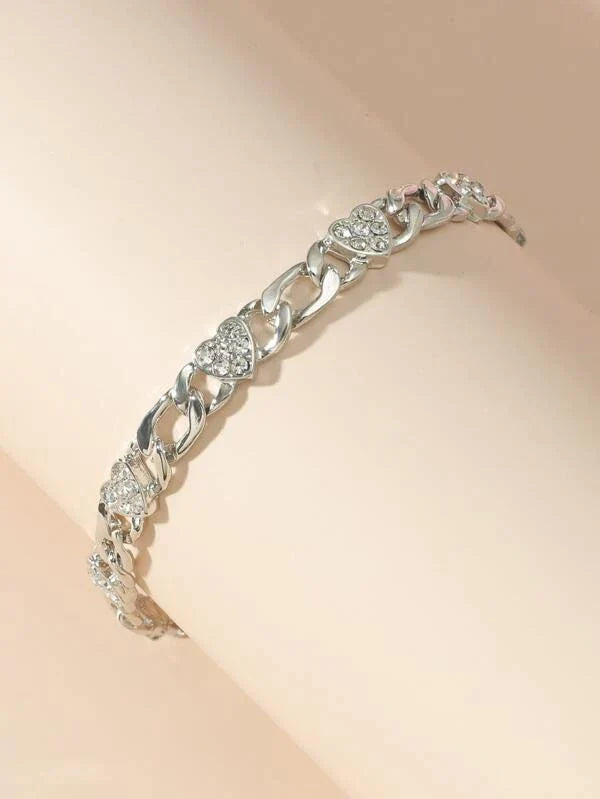 Ura Rhinestone Heart Decor Bracelet - Silver