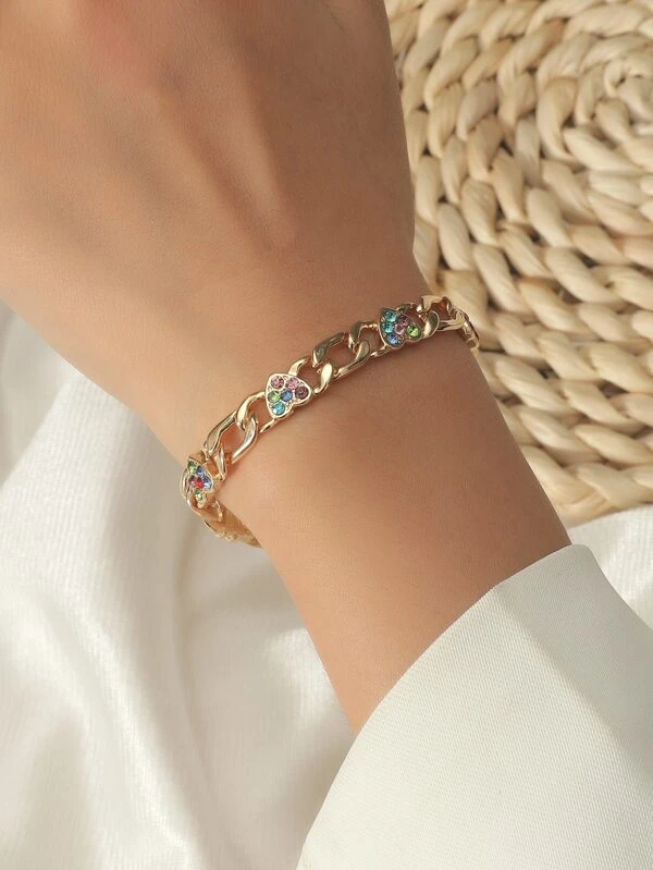 Ura Rhinestone Heart Decor Bracelet  - Gold