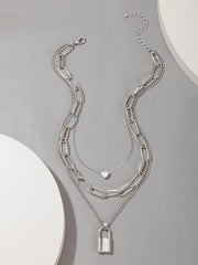 Heart & Lock Charm Layered Necklace  - Silver - FD ⚡