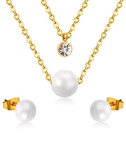 Pearl & Zircon Decor Layered Necklace And Stud Earrings Set