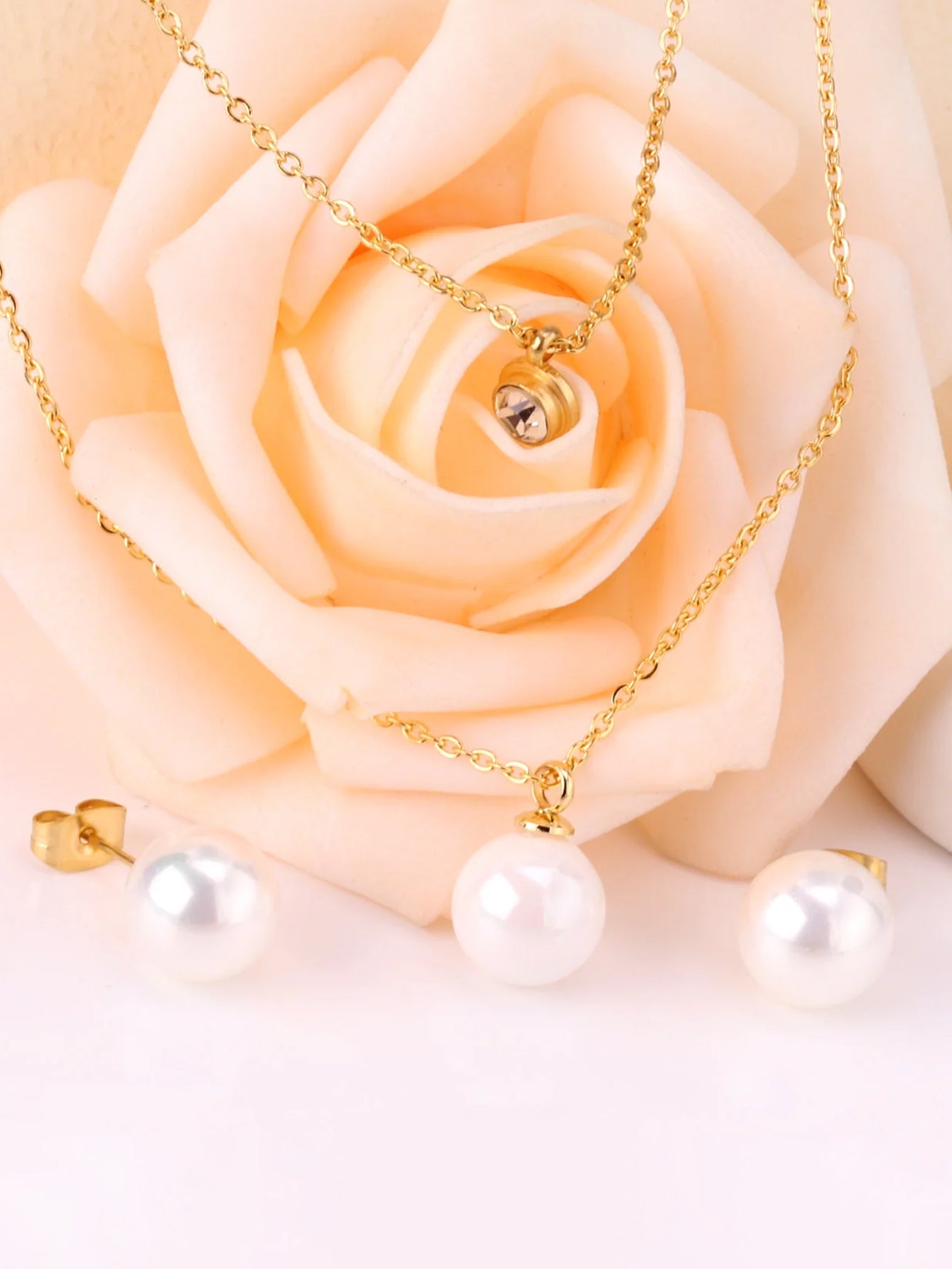 Pearl & Zircon Decor Layered Necklace And Stud Earrings Set