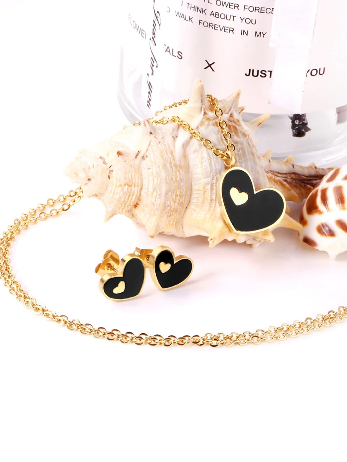 Filled Black Heart Pendant Necklace Earrings Jewelry Set