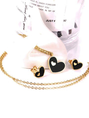 Filled Black Heart Pendant Necklace Earrings Jewelry Set