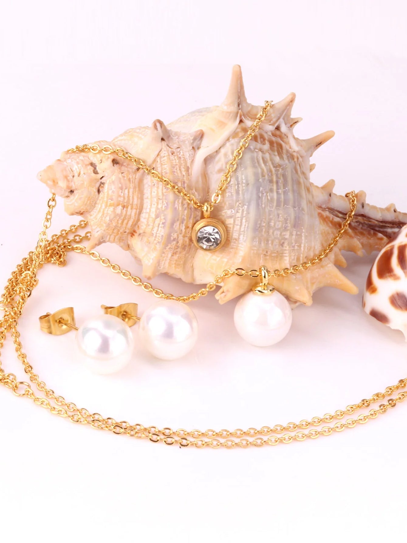 Pearl & Zircon Decor Layered Necklace And Stud Earrings Set