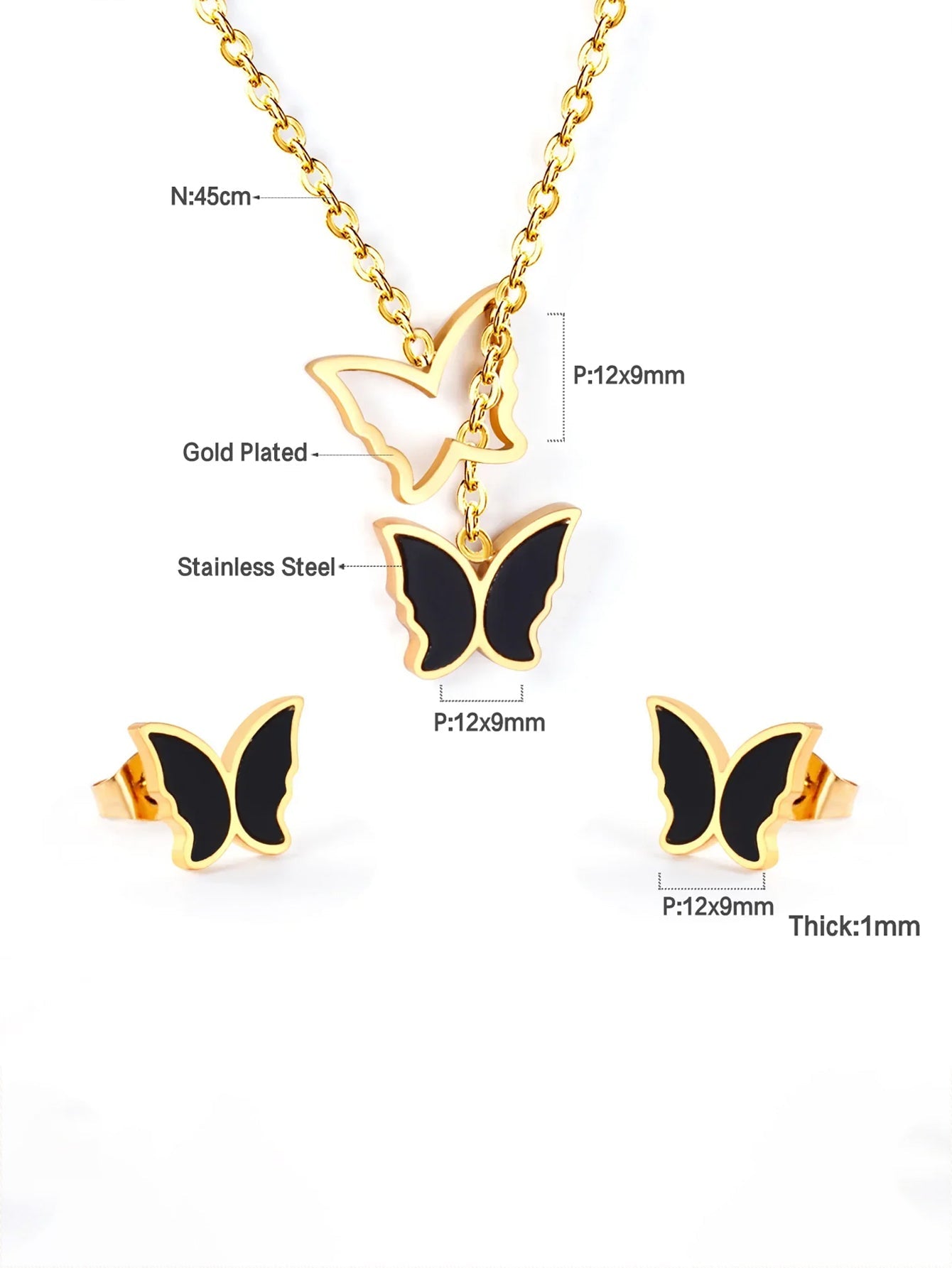 3pcs Butterfly Earring Necklace Stainless Steel Jewelry set