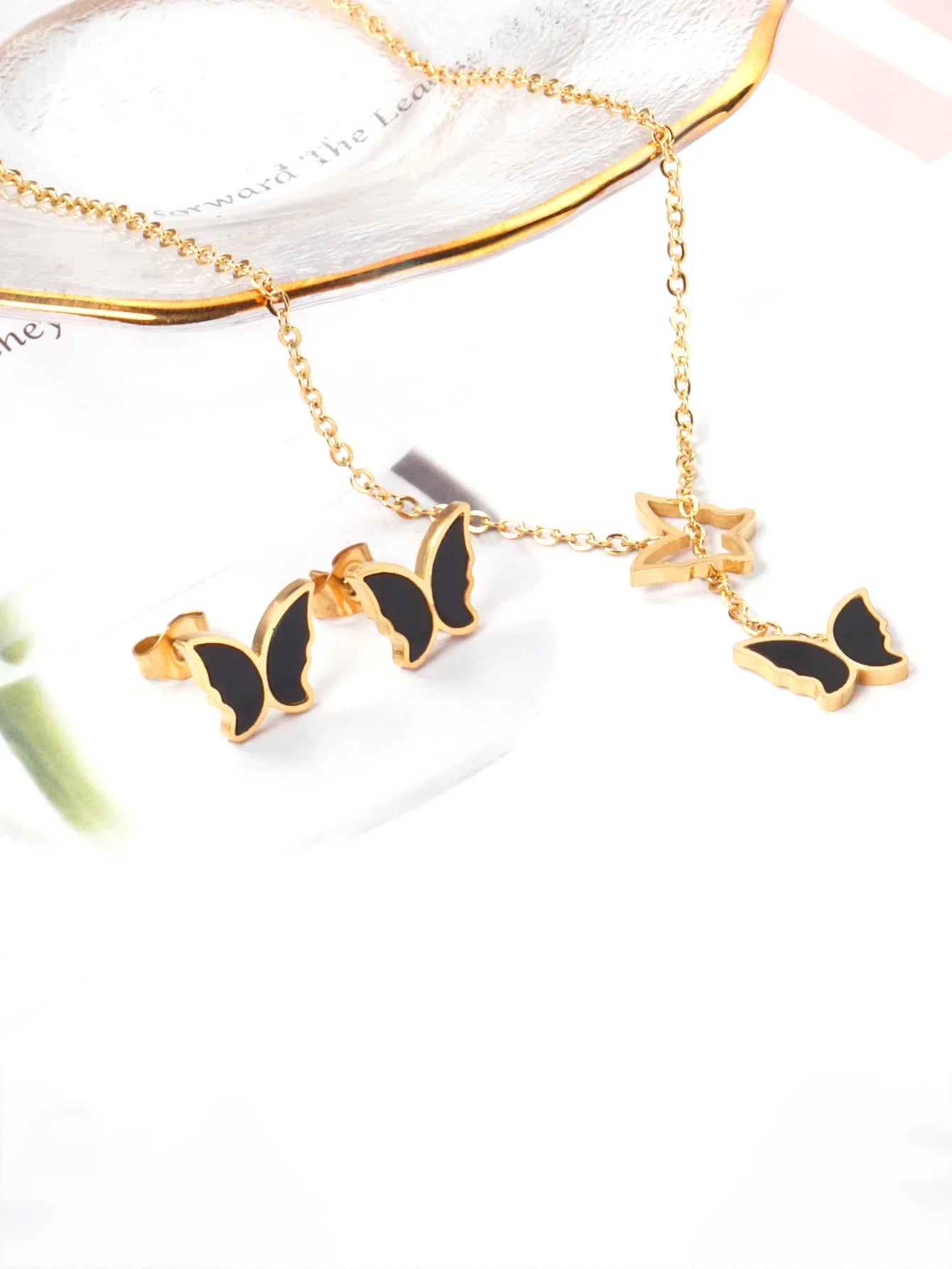 3pcs Butterfly Earring Necklace Stainless Steel Jewelry set
