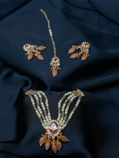 3pcs Kundan Style Mala & Mathapatti Set