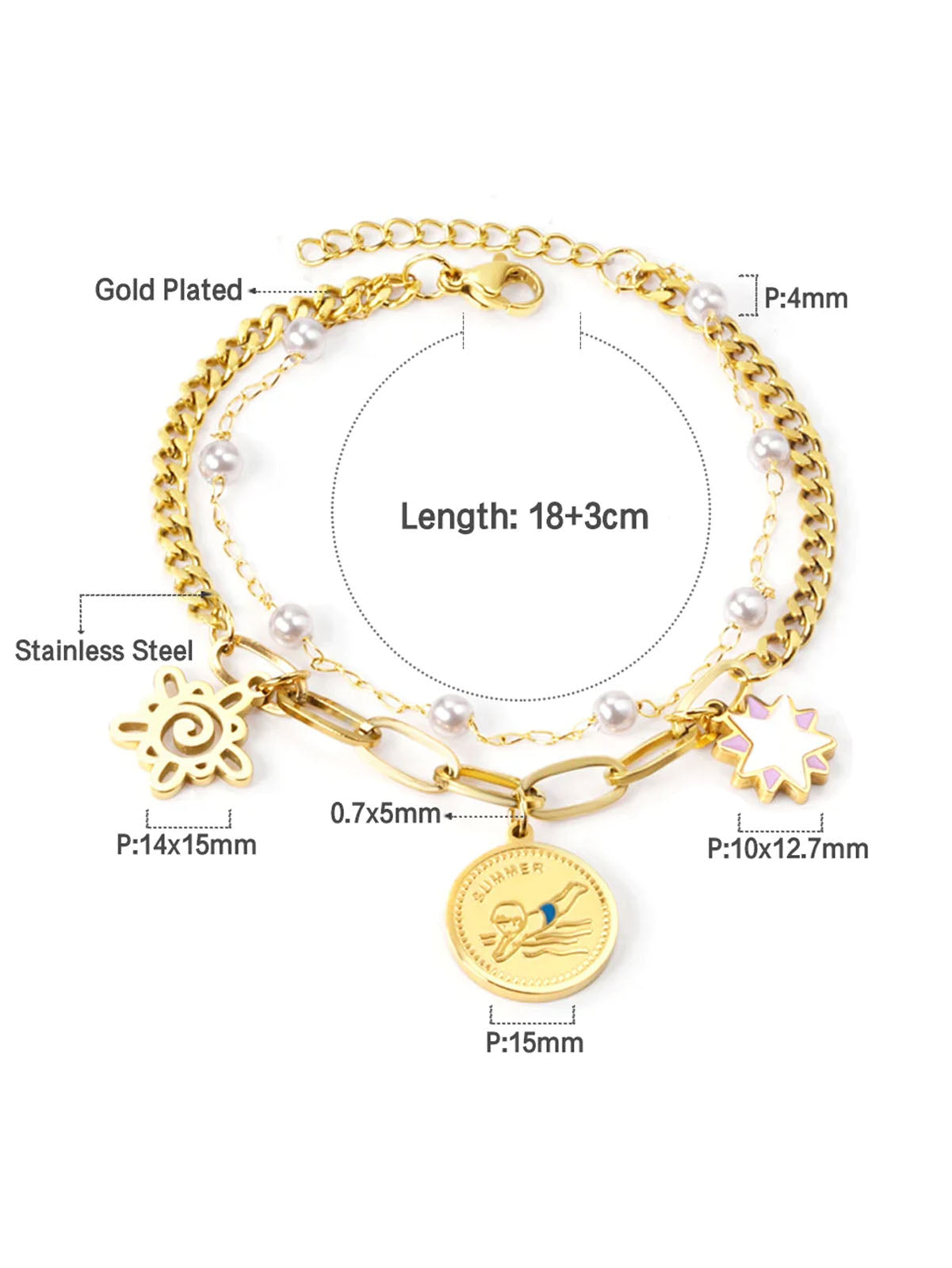 Stainless Steel Double Layer Pendant Chain Bracelet