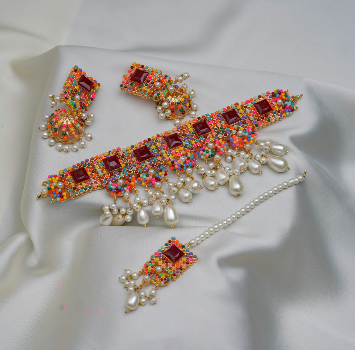4pcs Moti Mahal Rhinestone Decor Pearl Tassels Ethnic Jewelry Set