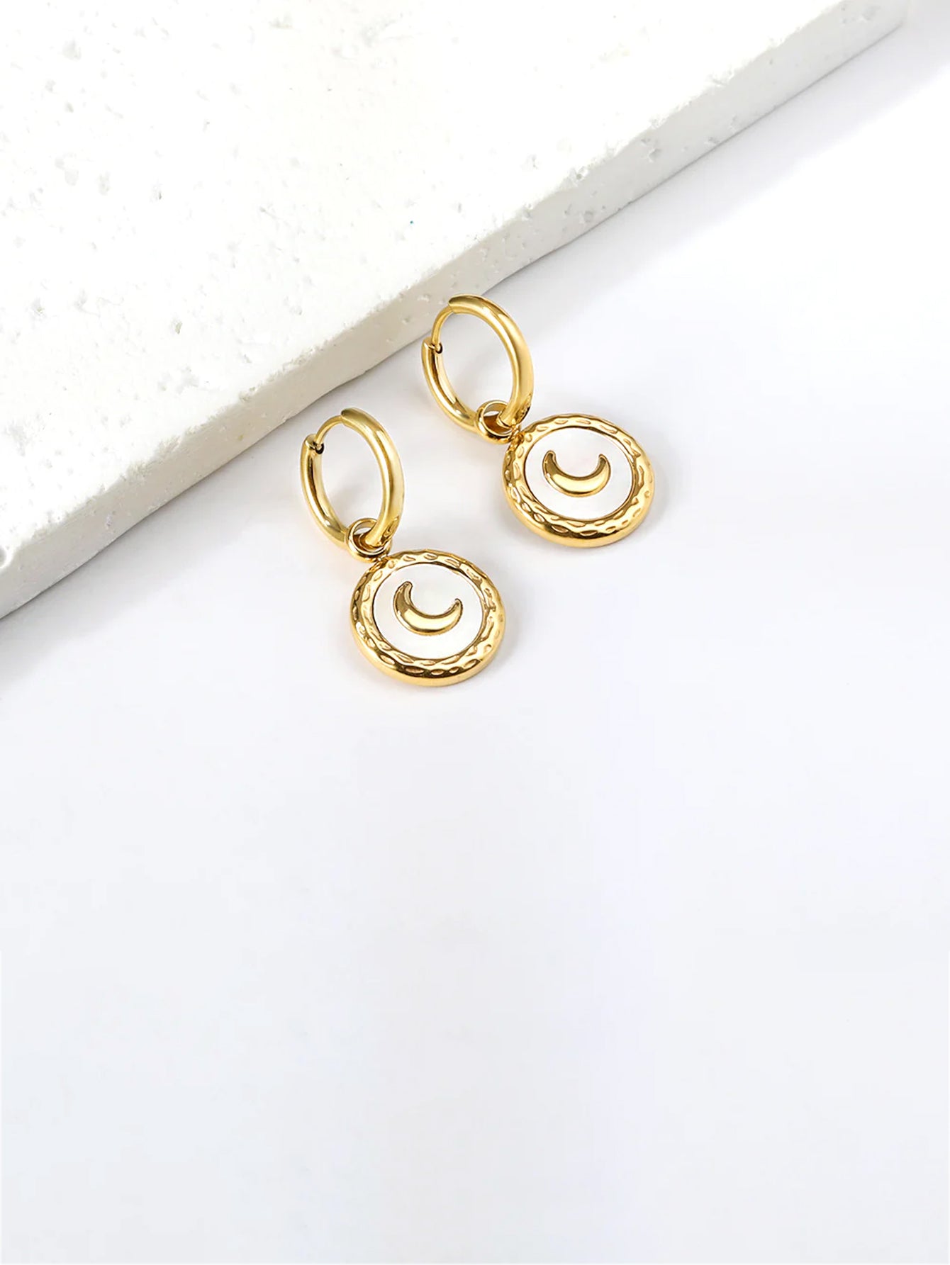 Moon Engraved Coin Charm Drop Earrings