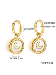 Moon Engraved Coin Charm Drop Earrings