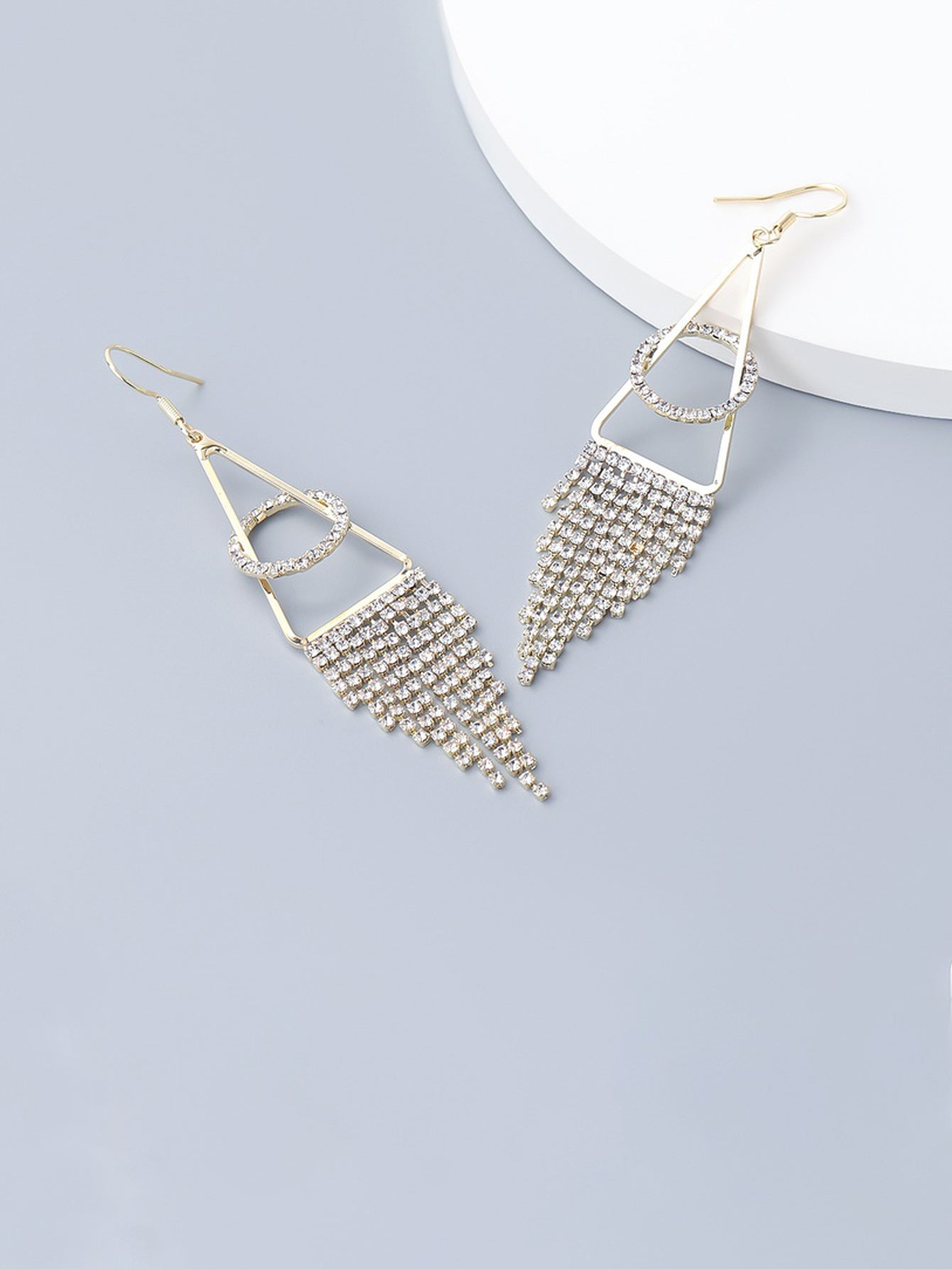 Triangle alloy rhinestone tassel earrings - Gold