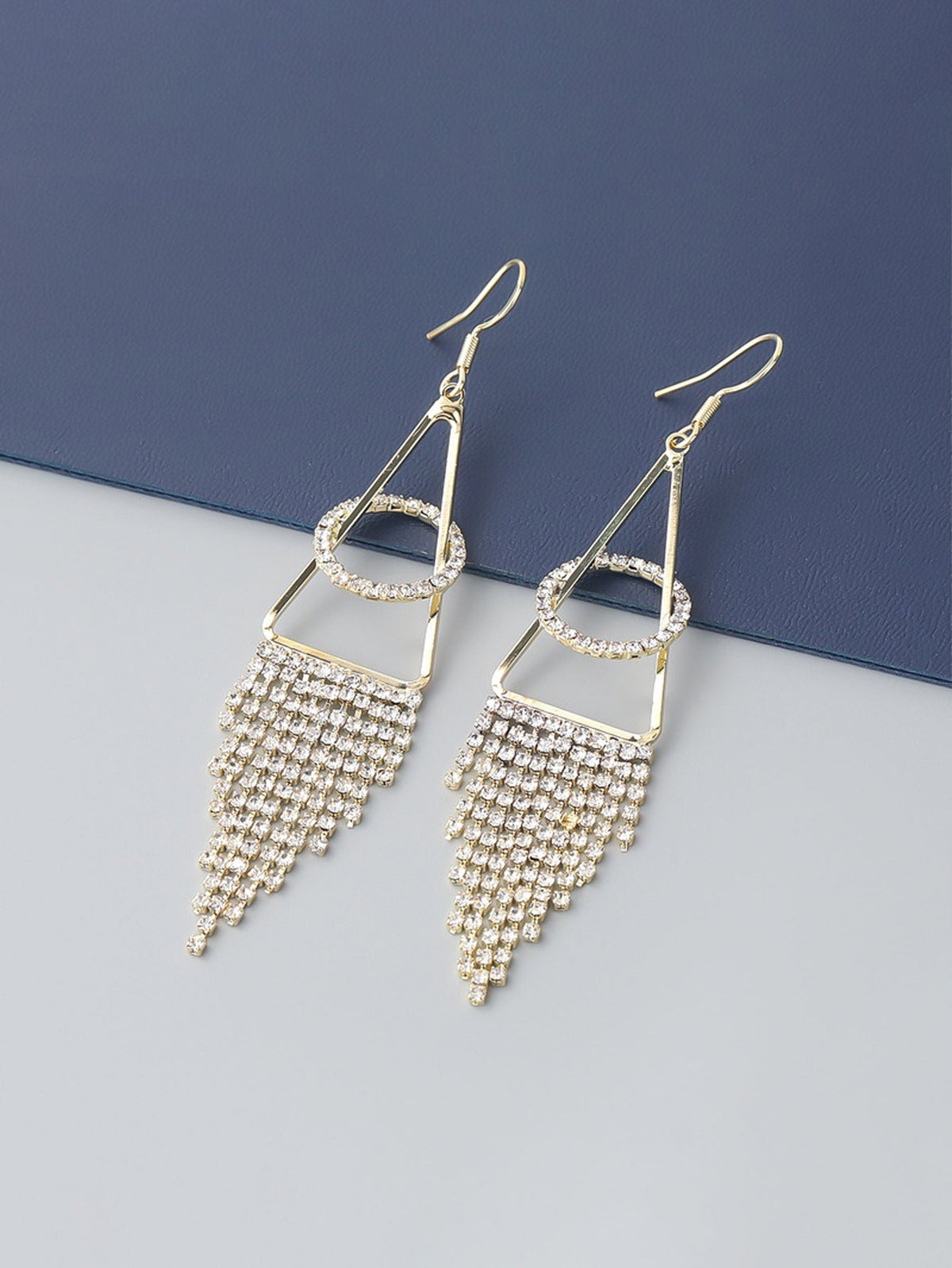 Triangle alloy rhinestone tassel earrings - Gold