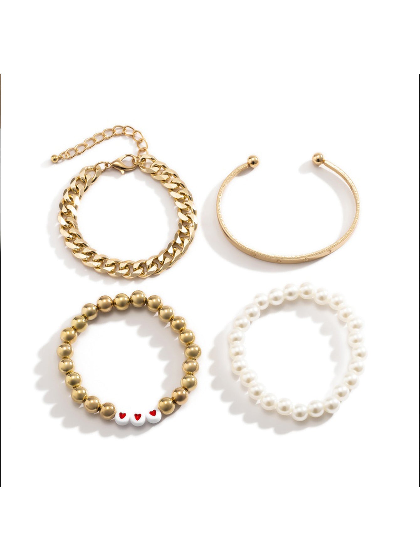 Bead & Pearl Decor Bracelet Set With Cuff 4pcs - Gold