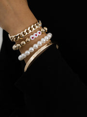 Bead & Pearl Decor Bracelet Set With Cuff 4pcs - Gold