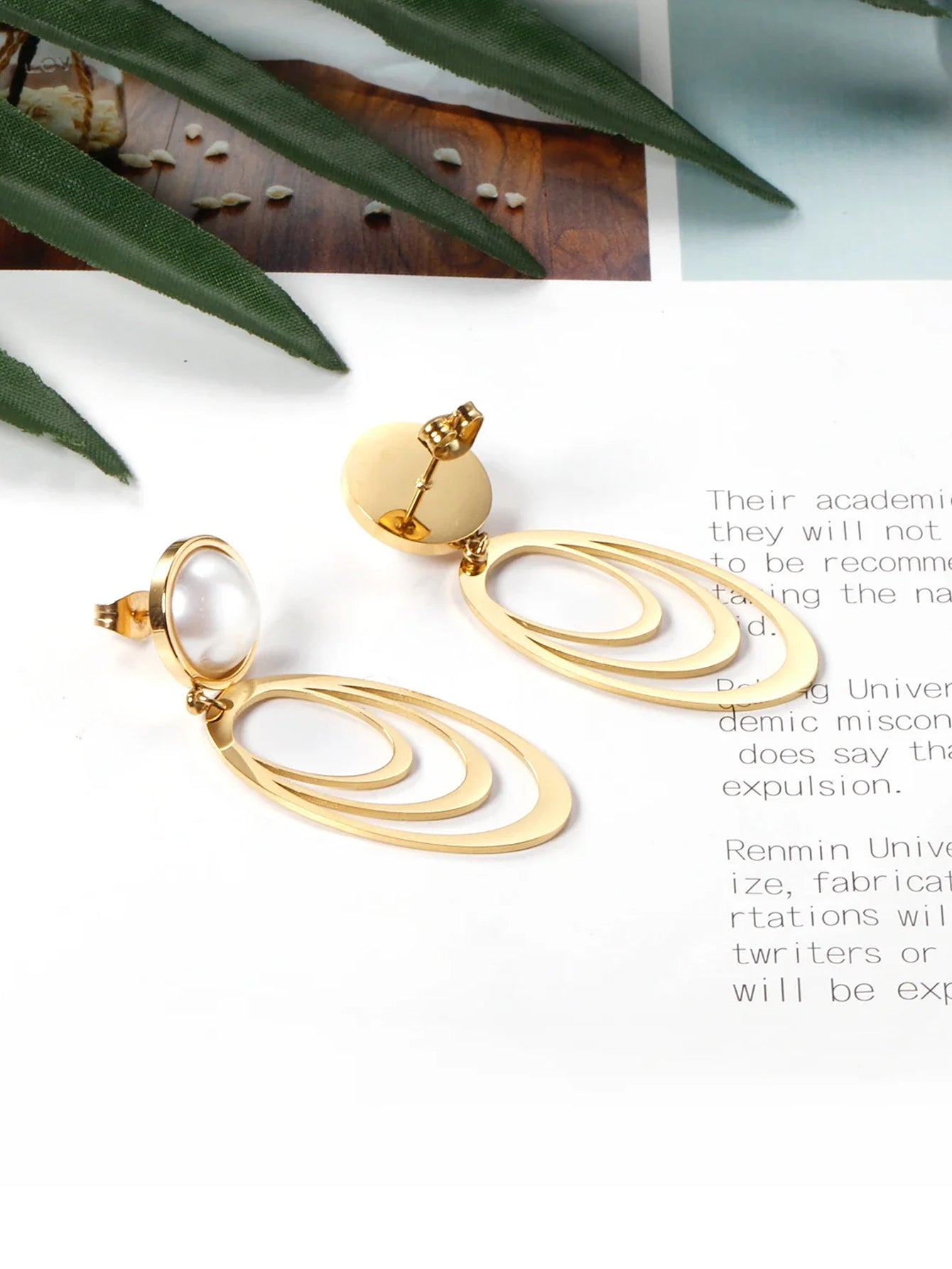 Natural Pearl Multi-circle Stainless Steel Drop Earrings