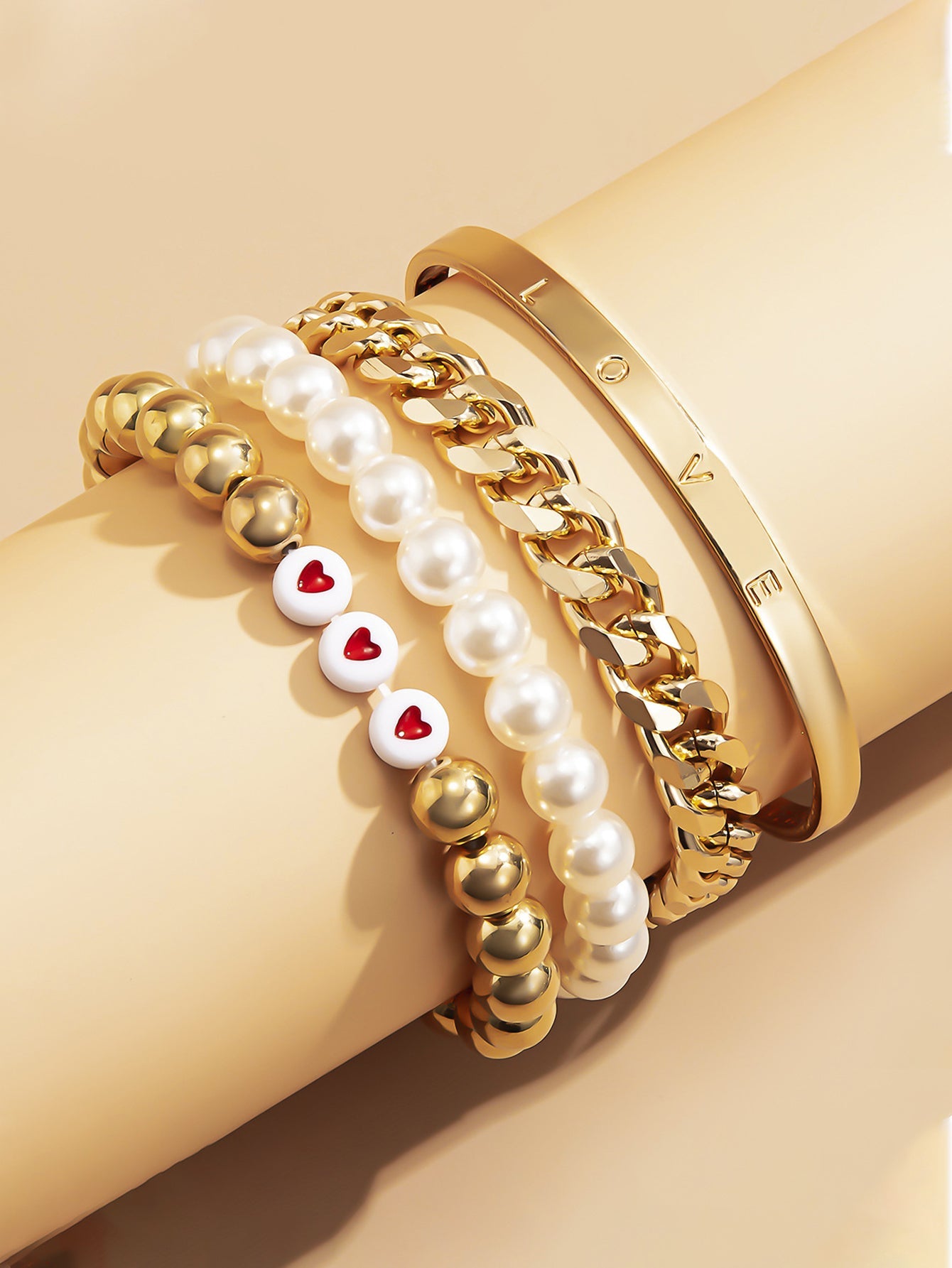 Bead & Pearl Decor Bracelet Set With Cuff 4pcs - Gold