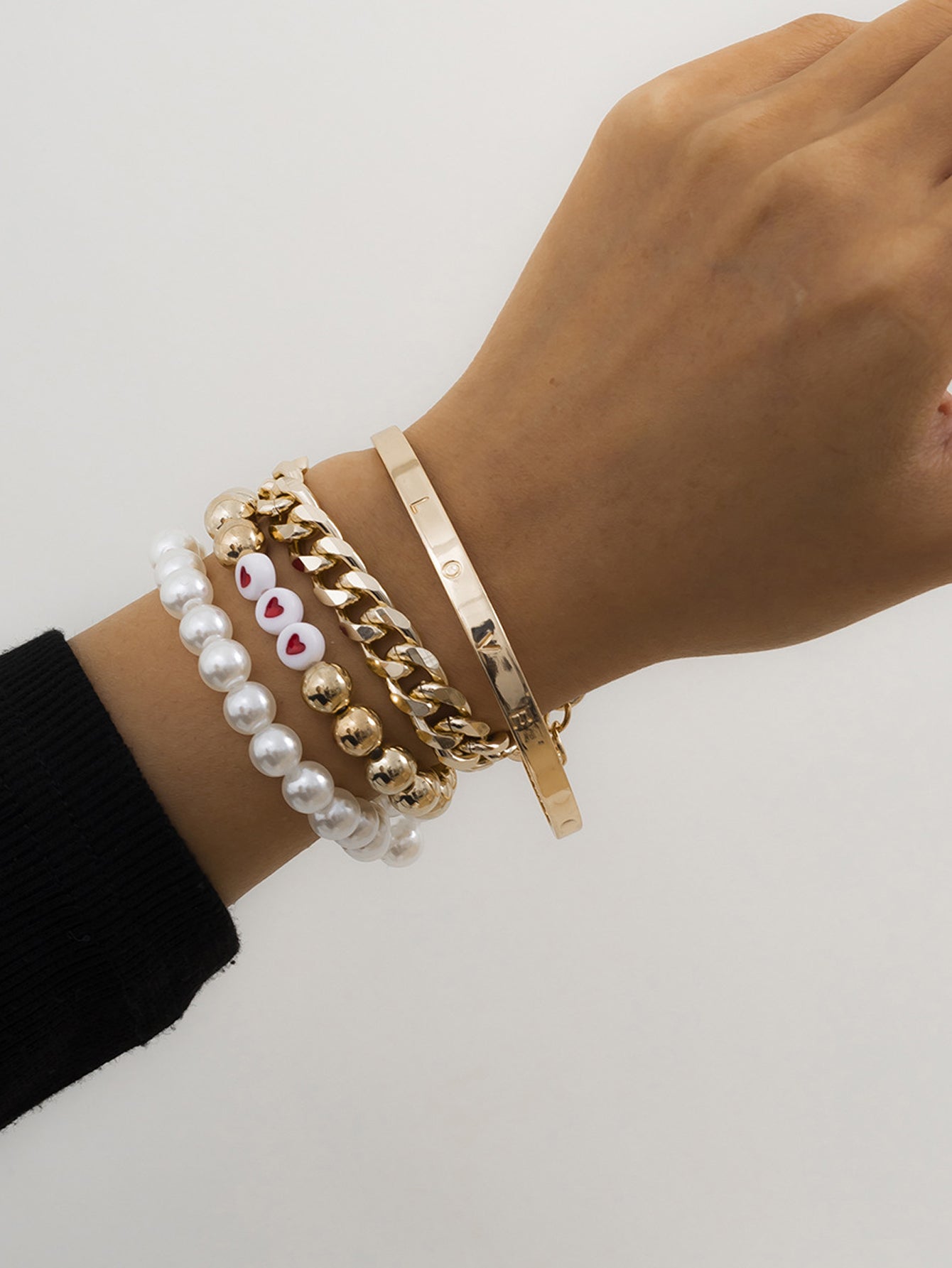 Bead & Pearl Decor Bracelet Set With Cuff 4pcs - Gold