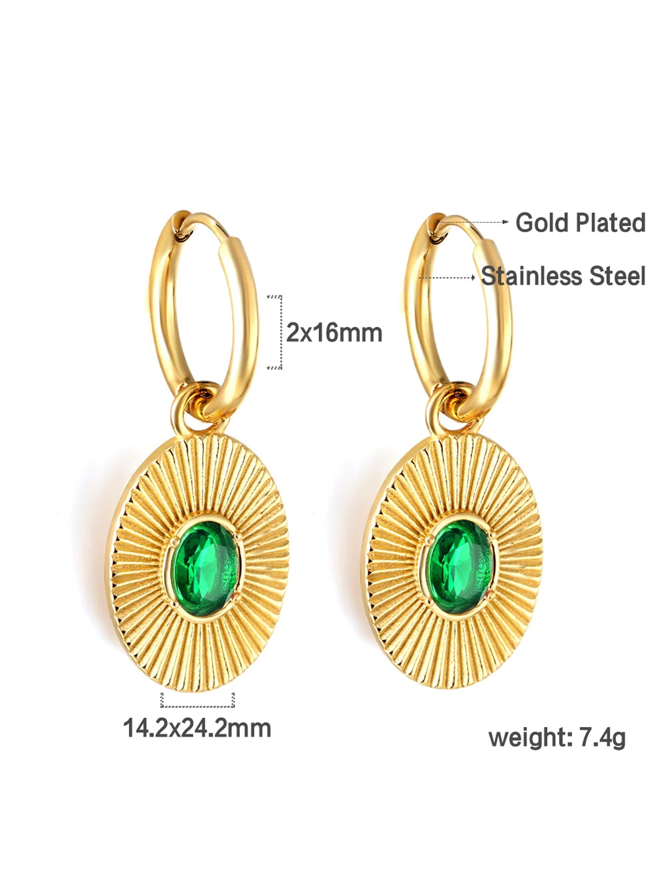 Stainless Steel Zircon Emerald Hoop Earrings -